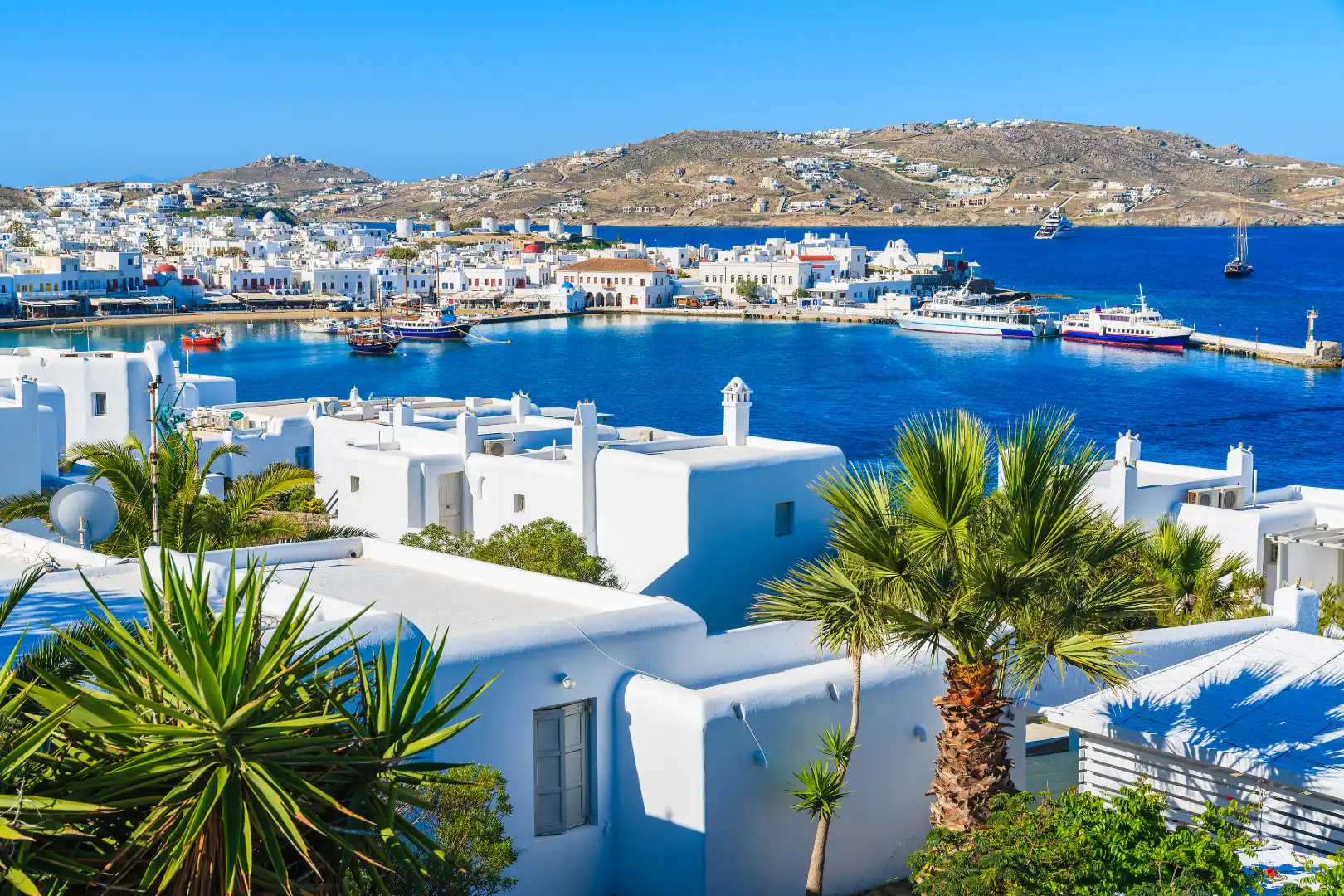 Cyclades-view-of- Mykonos- port-and- town-Greece