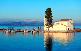 onian-islands-Sunset- of -Vlacherna -monastery-Kanoni- Corfu-Greece